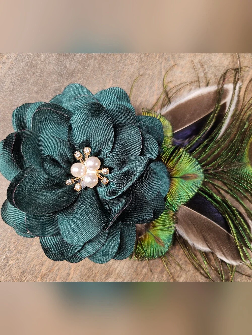 NEW Peacock feather Hat Pin Brooch W/ green satin flower, rhinestones and pearls